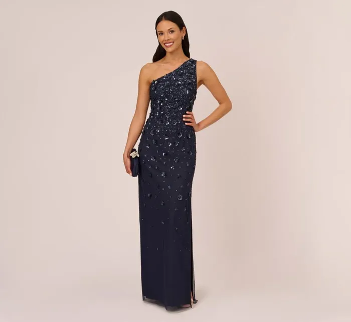 Long Dresses Womens Adrianna Papell 3D Floral HandBeaded OneShoulder Long Column Gown In Dusty Navy