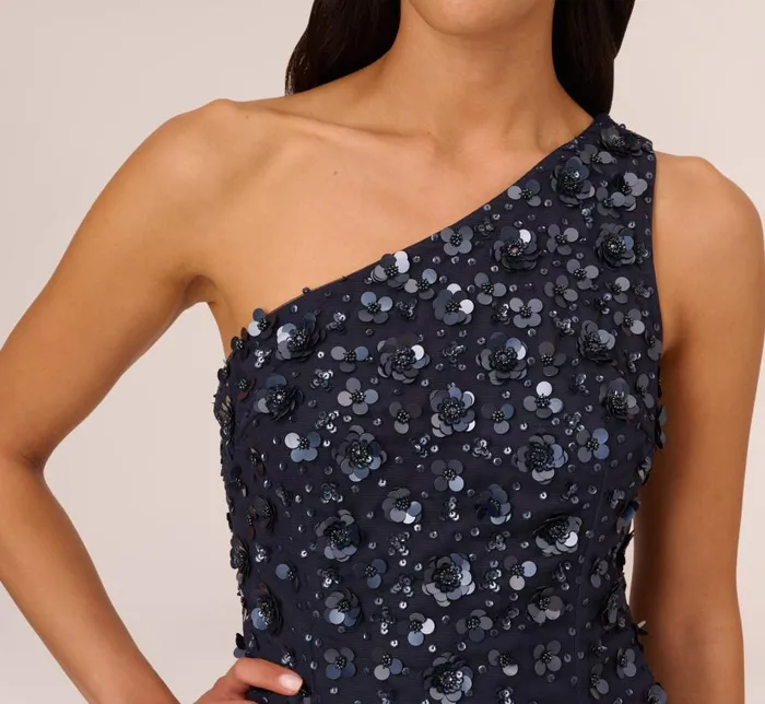 Long Dresses Womens Adrianna Papell 3D Floral HandBeaded OneShoulder Long Column Gown In Dusty Navy