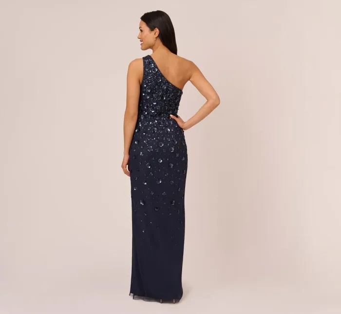 Long Dresses Womens Adrianna Papell 3D Floral HandBeaded OneShoulder Long Column Gown In Dusty Navy