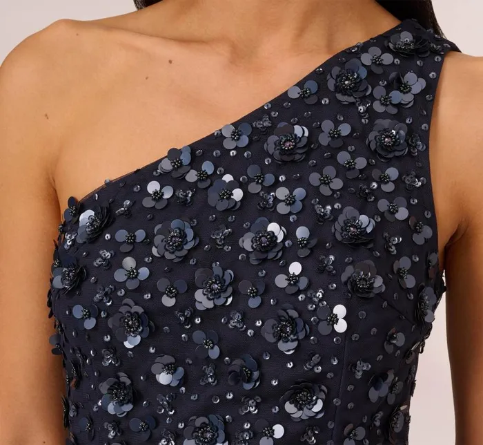 Long Dresses Womens Adrianna Papell 3D Floral HandBeaded OneShoulder Long Column Gown In Dusty Navy