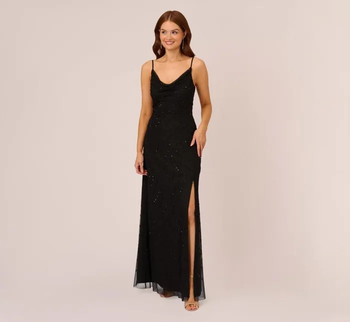Long Dresses Womens Adrianna Papell Art Deco Beaded Mermaid Gown With Cowl Neckline In Black