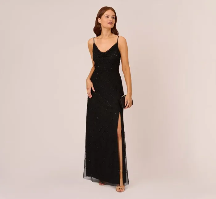 Long Dresses Womens Adrianna Papell Art Deco Beaded Mermaid Gown With Cowl Neckline In Black