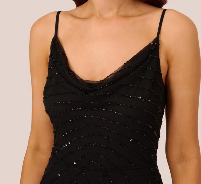 Long Dresses Womens Adrianna Papell Art Deco Beaded Mermaid Gown With Cowl Neckline In Black