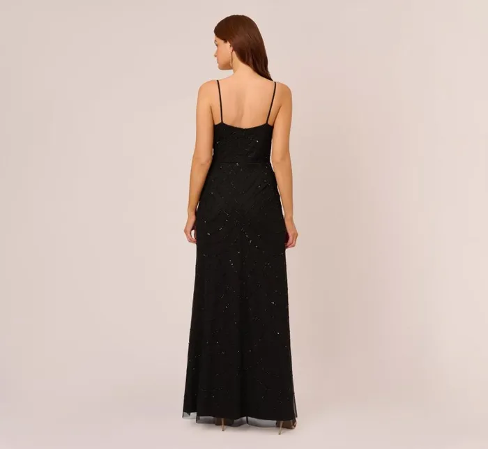 Long Dresses Womens Adrianna Papell Art Deco Beaded Mermaid Gown With Cowl Neckline In Black