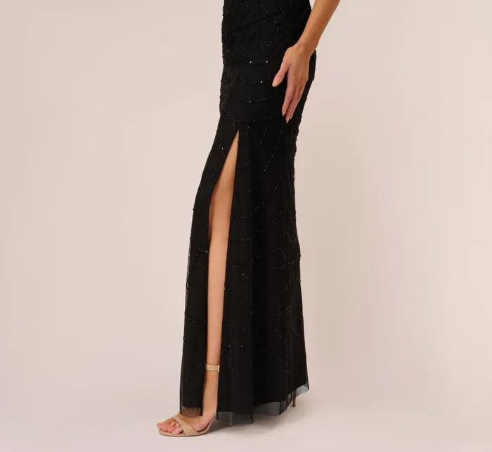 Long Dresses Womens Adrianna Papell Art Deco Beaded Mermaid Gown With Cowl Neckline In Black