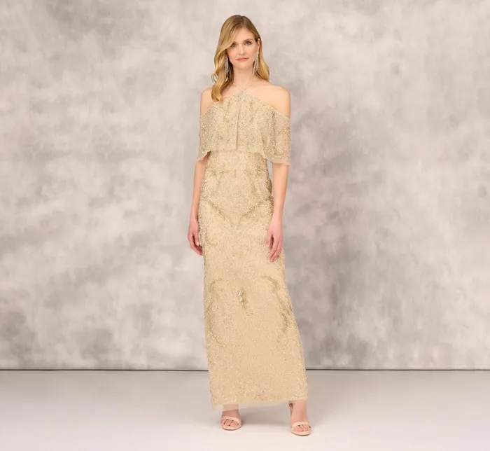 Long Dresses Womens Adrianna Papell Beaded Cold Shoulder Gown With Popover Bodice In Light Gold