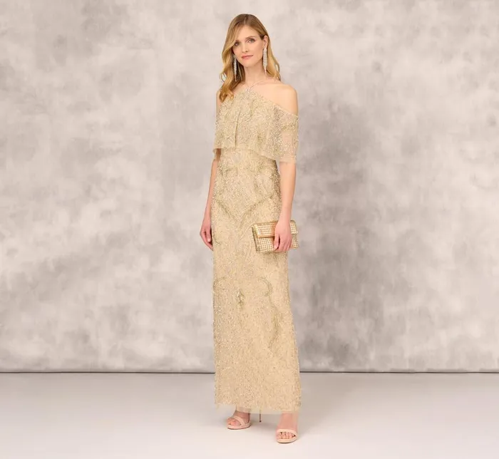 Long Dresses Womens Adrianna Papell Beaded Cold Shoulder Gown With Popover Bodice In Light Gold
