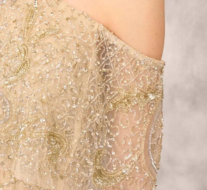 Long Dresses Womens Adrianna Papell Beaded Cold Shoulder Gown With Popover Bodice In Light Gold