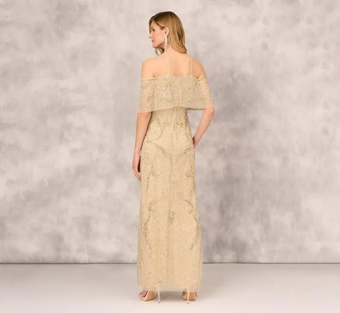 Long Dresses Womens Adrianna Papell Beaded Cold Shoulder Gown With Popover Bodice In Light Gold