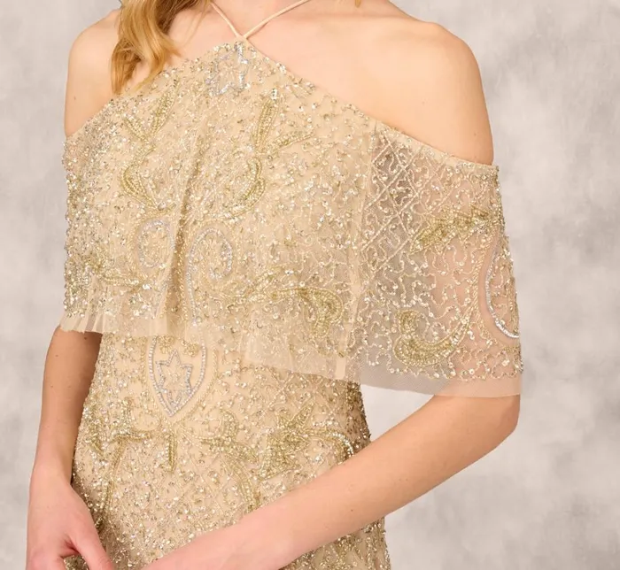 Long Dresses Womens Adrianna Papell Beaded Cold Shoulder Gown With Popover Bodice In Light Gold