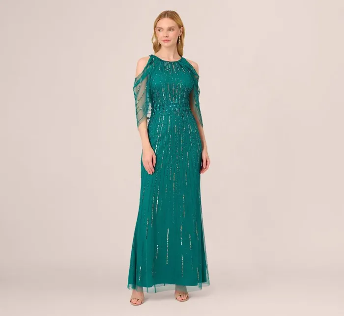 Long Dresses Womens Adrianna Papell Cold Shoulder Beaded Cape Gown In Vivid Emerald