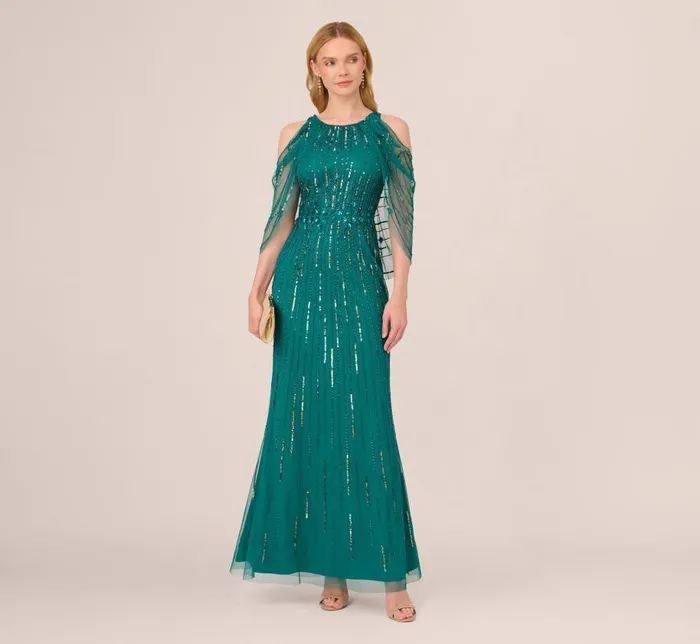 Long Dresses Womens Adrianna Papell Cold Shoulder Beaded Cape Gown In Vivid Emerald