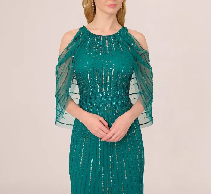 Long Dresses Womens Adrianna Papell Cold Shoulder Beaded Cape Gown In Vivid Emerald