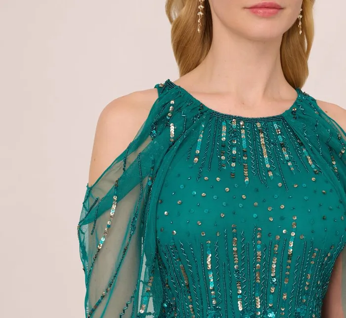 Long Dresses Womens Adrianna Papell Cold Shoulder Beaded Cape Gown In Vivid Emerald