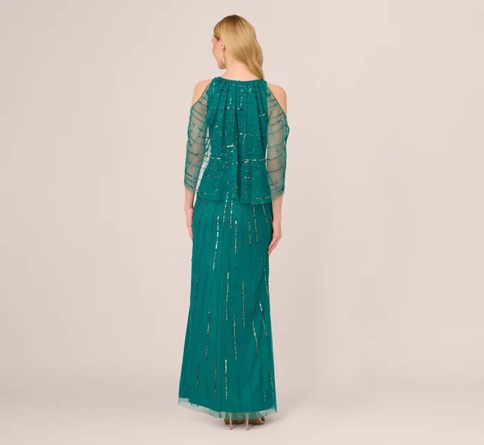 Long Dresses Womens Adrianna Papell Cold Shoulder Beaded Cape Gown In Vivid Emerald