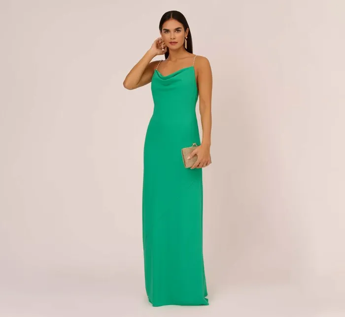 Long Dresses Womens Adrianna Papell Cowl Neck Crepe Column Gown With Pearl Straps In Summer Green