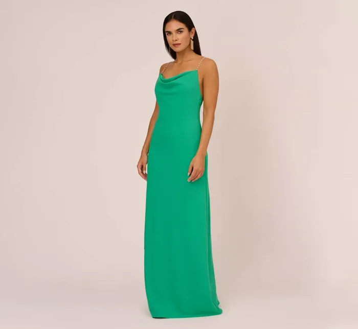 Long Dresses Womens Adrianna Papell Cowl Neck Crepe Column Gown With Pearl Straps In Summer Green