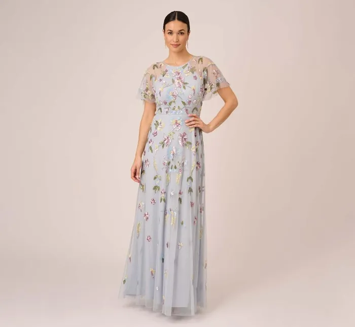 Long Dresses Womens Adrianna Papell Floral Hand Beaded Illusion Long ALine Gown In Glacier