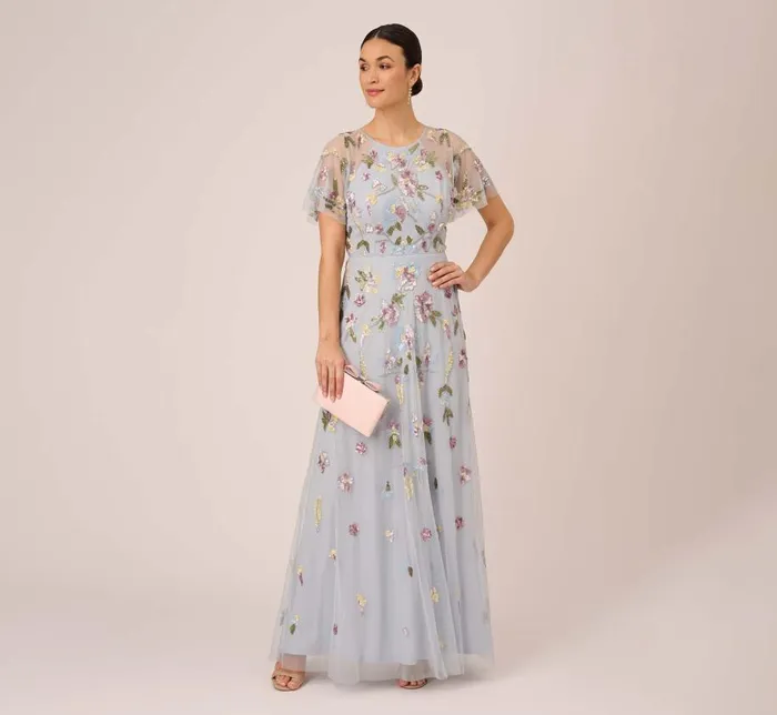 Long Dresses Womens Adrianna Papell Floral Hand Beaded Illusion Long ALine Gown In Glacier
