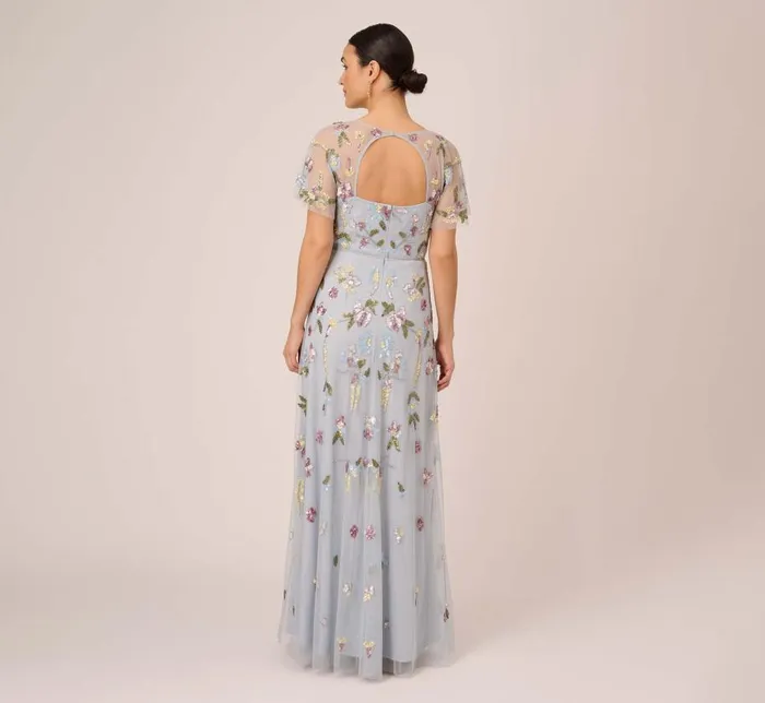 Long Dresses Womens Adrianna Papell Floral Hand Beaded Illusion Long ALine Gown In Glacier