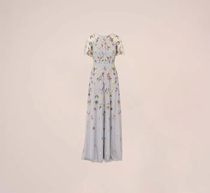Long Dresses Womens Adrianna Papell Floral Hand Beaded Illusion Long ALine Gown In Glacier