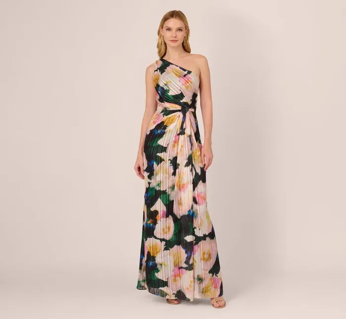 Long Dresses Womens Adrianna Papell Floral Print Chiffon Gown With One Shoulder Neckline In Black Blush Multi