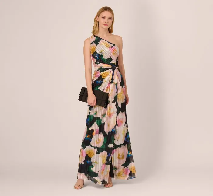 Long Dresses Womens Adrianna Papell Floral Print Chiffon Gown With One Shoulder Neckline In Black Blush Multi