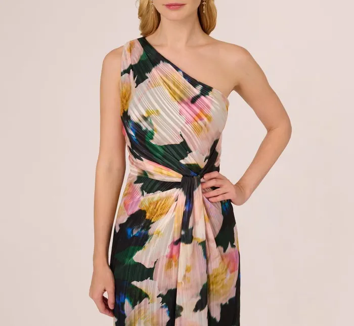 Long Dresses Womens Adrianna Papell Floral Print Chiffon Gown With One Shoulder Neckline In Black Blush Multi