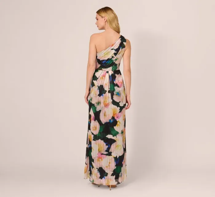 Long Dresses Womens Adrianna Papell Floral Print Chiffon Gown With One Shoulder Neckline In Black Blush Multi