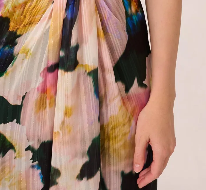 Long Dresses Womens Adrianna Papell Floral Print Chiffon Gown With One Shoulder Neckline In Black Blush Multi