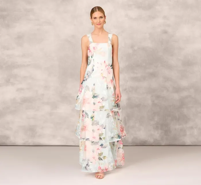 Long Dresses Womens Adrianna Papell Floral Print Embroidered Long ALine Gown In Blue Multi