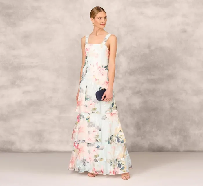 Long Dresses Womens Adrianna Papell Floral Print Embroidered Long ALine Gown In Blue Multi