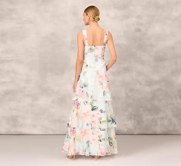 Long Dresses Womens Adrianna Papell Floral Print Embroidered Long ALine Gown In Blue Multi