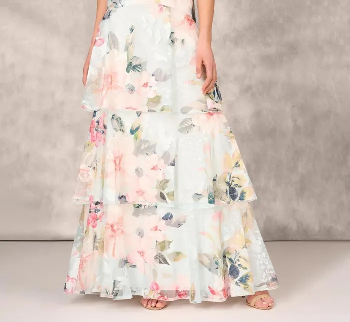 Long Dresses Womens Adrianna Papell Floral Print Embroidered Long ALine Gown In Blue Multi