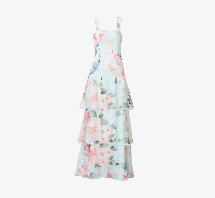 Long Dresses Womens Adrianna Papell Floral Print Embroidered Long ALine Gown In Blue Multi