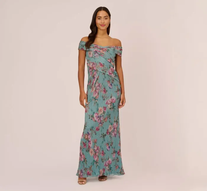 Long Dresses Womens Adrianna Papell Floral Print Off The Shoulder Metallic Crinkled Mesh Long Gown In Aqua Multi