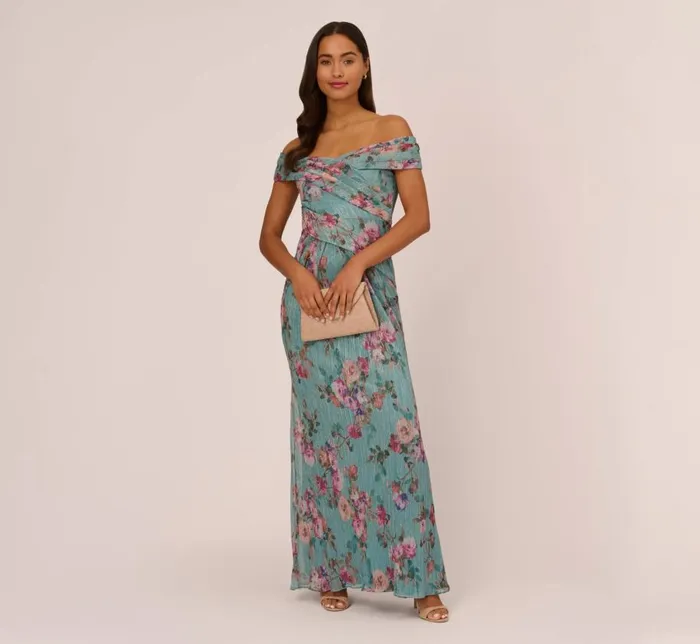 Long Dresses Womens Adrianna Papell Floral Print Off The Shoulder Metallic Crinkled Mesh Long Gown In Aqua Multi