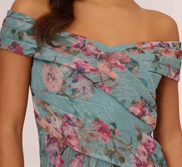 Long Dresses Womens Adrianna Papell Floral Print Off The Shoulder Metallic Crinkled Mesh Long Gown In Aqua Multi