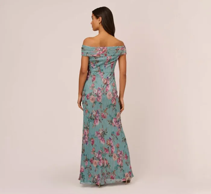 Long Dresses Womens Adrianna Papell Floral Print Off The Shoulder Metallic Crinkled Mesh Long Gown In Aqua Multi