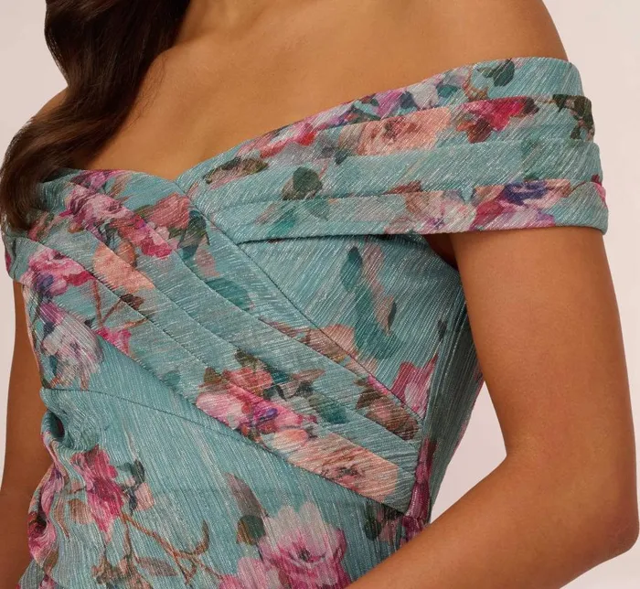 Long Dresses Womens Adrianna Papell Floral Print Off The Shoulder Metallic Crinkled Mesh Long Gown In Aqua Multi