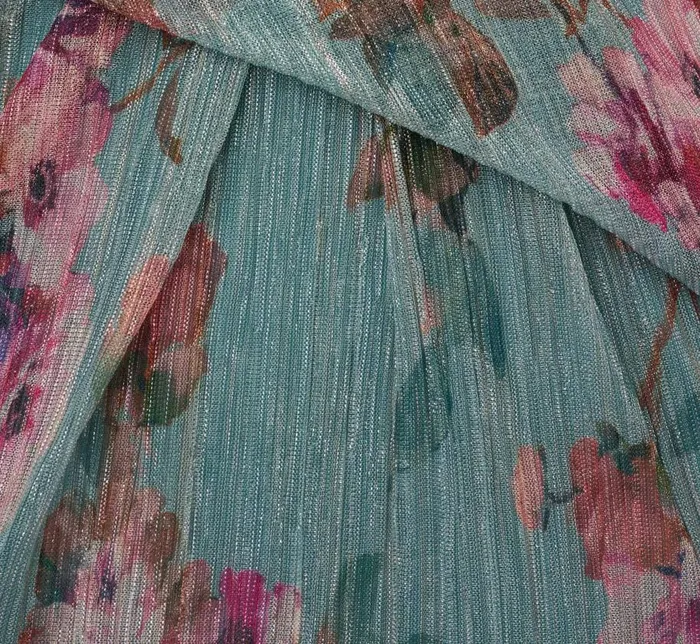 Long Dresses Womens Adrianna Papell Floral Print Off The Shoulder Metallic Crinkled Mesh Long Gown In Aqua Multi