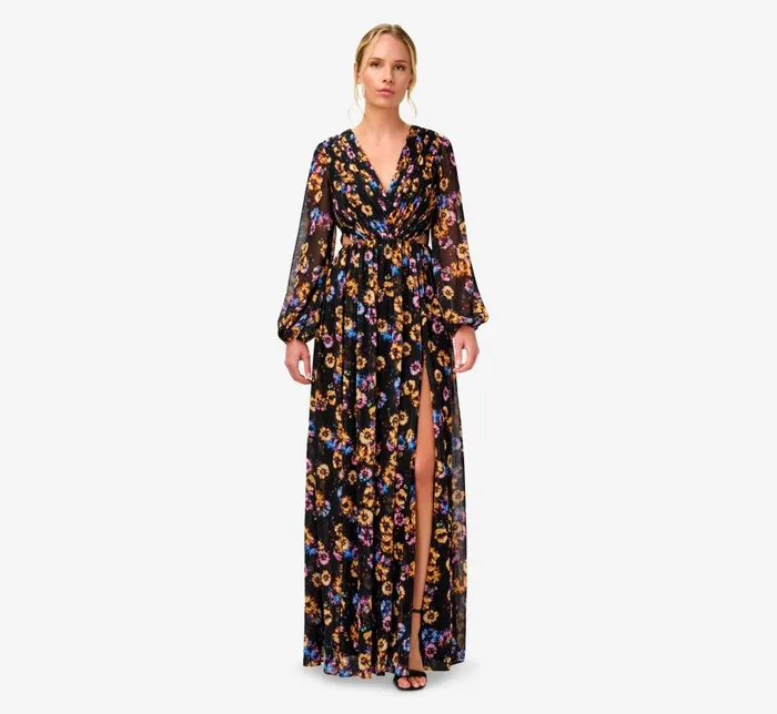 Long Dresses Womens Adrianna Papell FloralPrint Pleated Chiffon Long ALine Gown In Black Multi