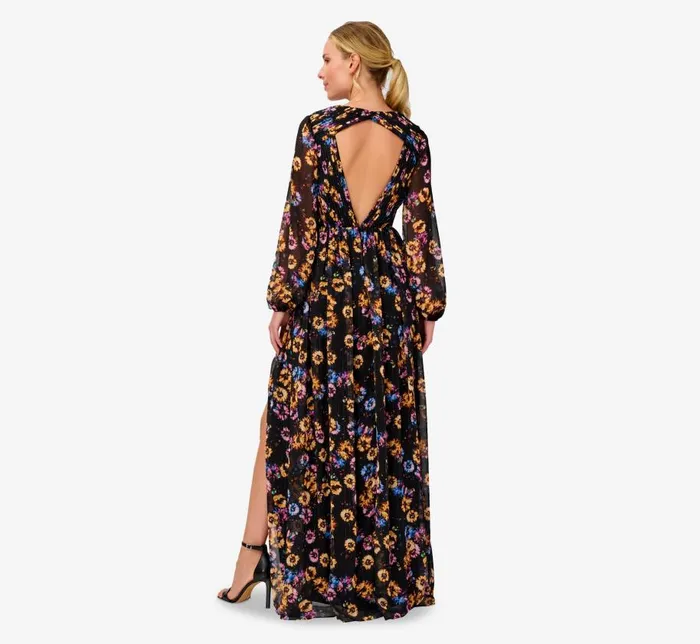 Long Dresses Womens Adrianna Papell FloralPrint Pleated Chiffon Long ALine Gown In Black Multi