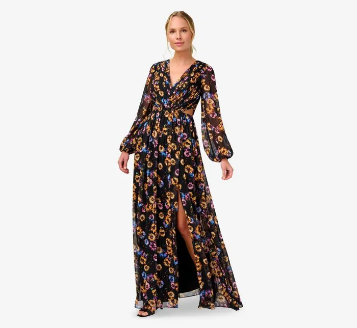 Long Dresses Womens Adrianna Papell FloralPrint Pleated Chiffon Long ALine Gown In Black Multi