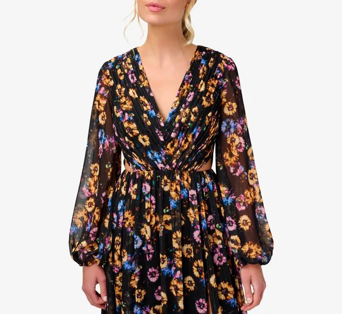 Long Dresses Womens Adrianna Papell FloralPrint Pleated Chiffon Long ALine Gown In Black Multi