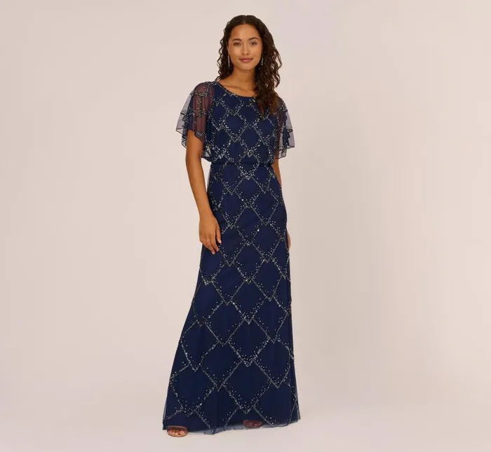 Long Dresses Womens Adrianna Papell HandBeaded Blouson Long Gown With Flutter Sleeves In Light Navy