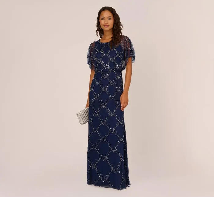 Long Dresses Womens Adrianna Papell HandBeaded Blouson Long Gown With Flutter Sleeves In Light Navy