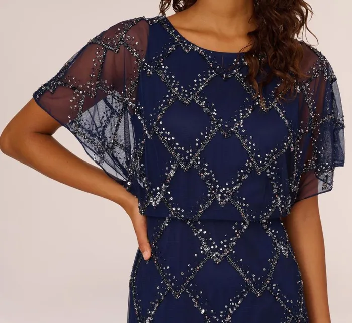 Long Dresses Womens Adrianna Papell HandBeaded Blouson Long Gown With Flutter Sleeves In Light Navy