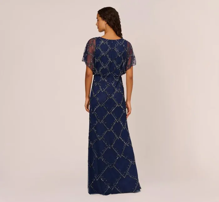 Long Dresses Womens Adrianna Papell HandBeaded Blouson Long Gown With Flutter Sleeves In Light Navy
