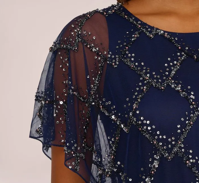 Long Dresses Womens Adrianna Papell HandBeaded Blouson Long Gown With Flutter Sleeves In Light Navy